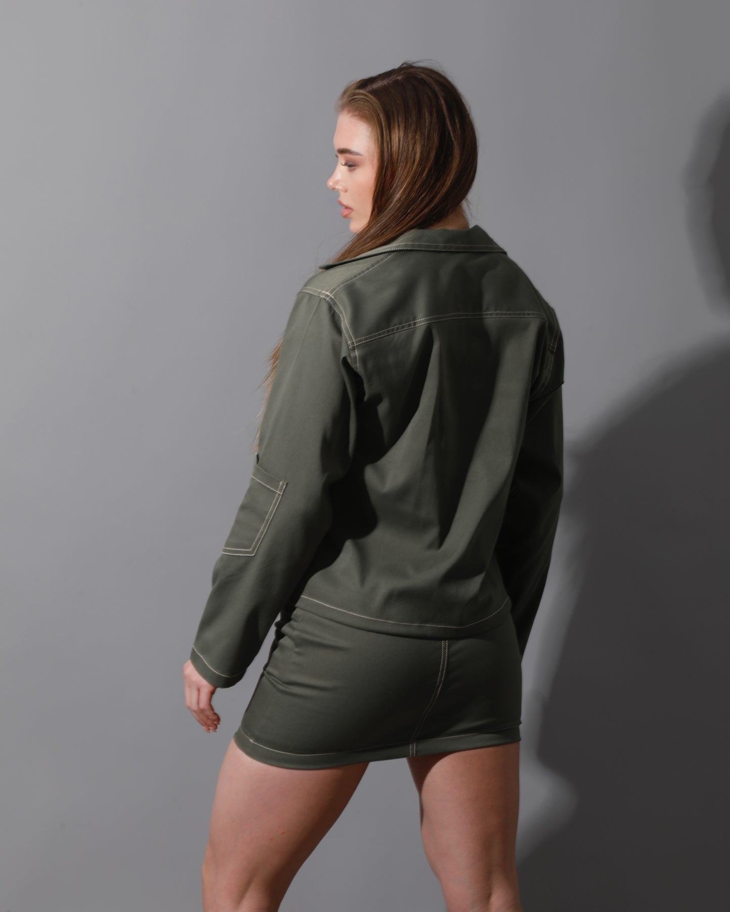 Co-Ord Gabardine Sleeves Jacket & Short Skirt - Olive