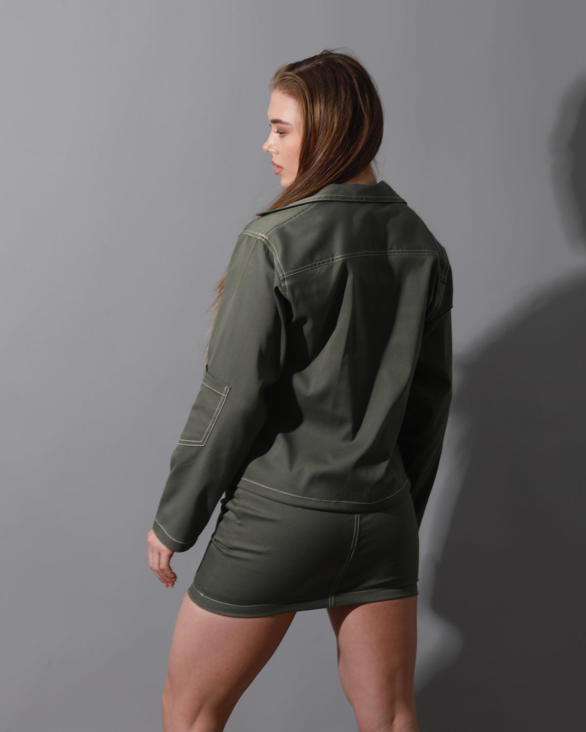 Co-Ord Gabardine Sleeves Jacket & Short Skirt - Olive