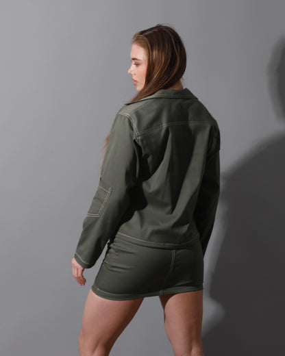 Co-Ord Gabardine Sleeves Jacket & Short Skirt - Olive