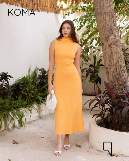 Naomi Halter Neck Midi Sleeveless Dress - Yellow