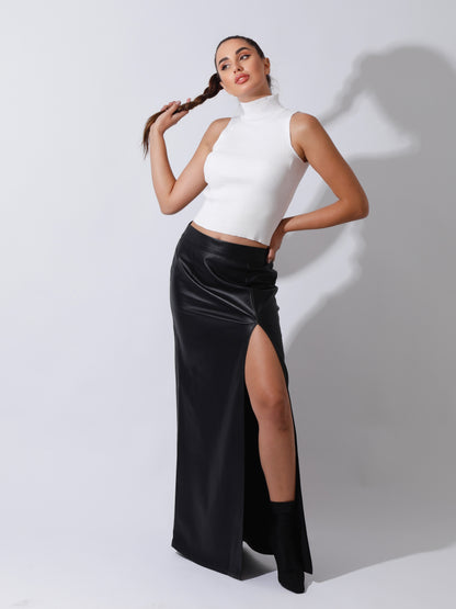 Leather Front Slit Skirt - Black