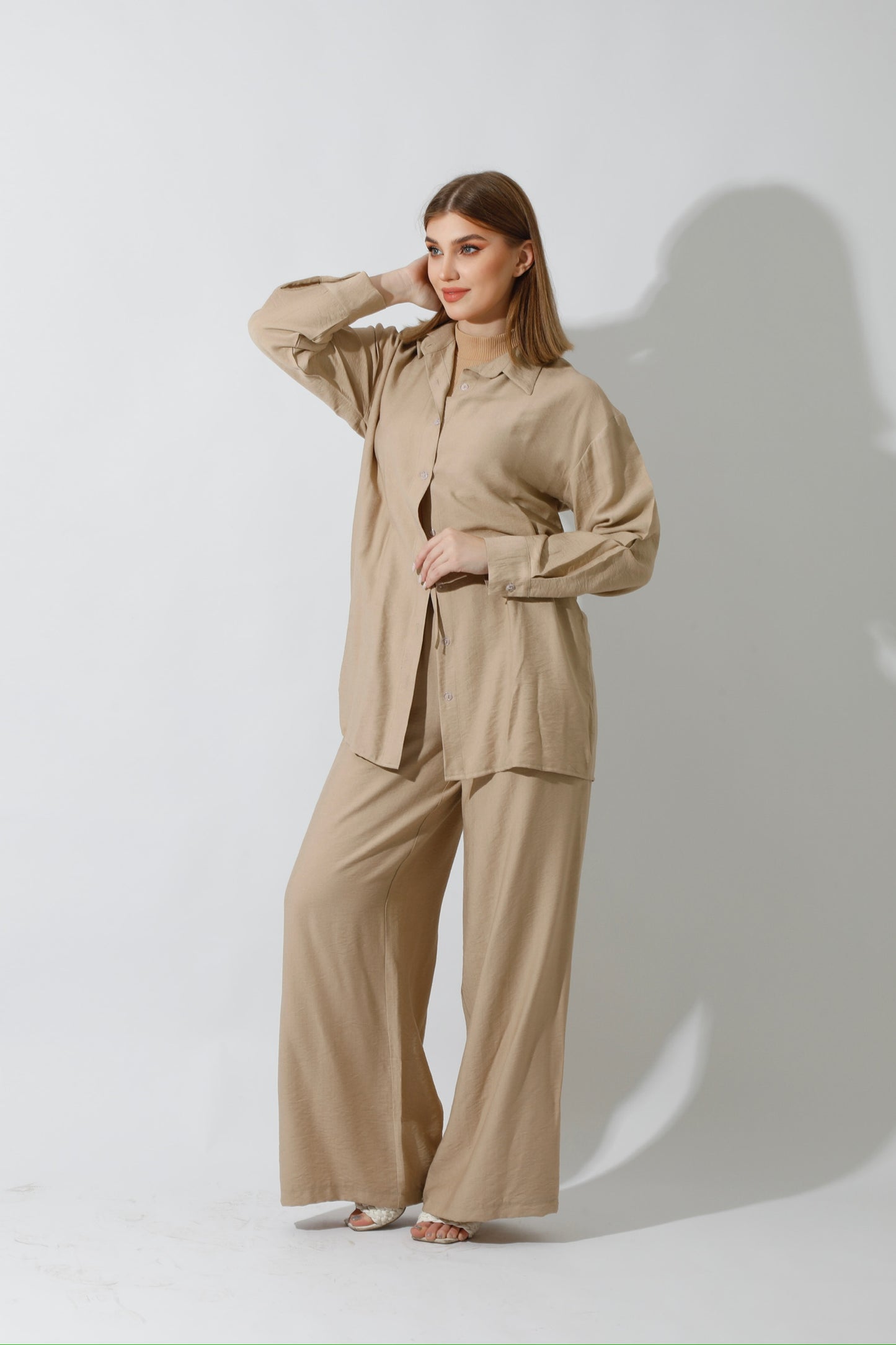 Co-Ord Long Sleeve Shirt & Wide Leg Trousers - Beige