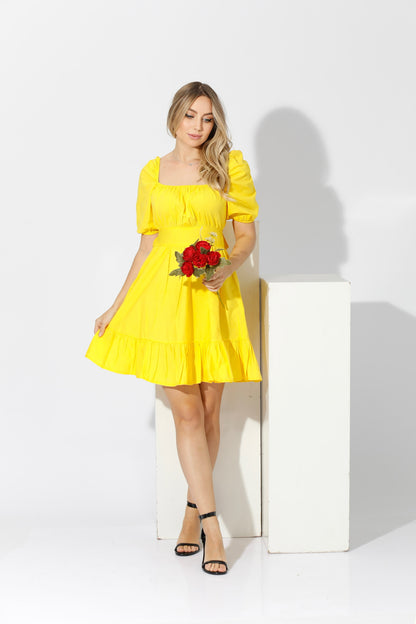 Short Dress with Back Bow tie - Yellow