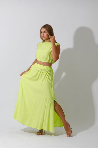 Co-Ord Maxi Side Slite Skirt - Lime Green
