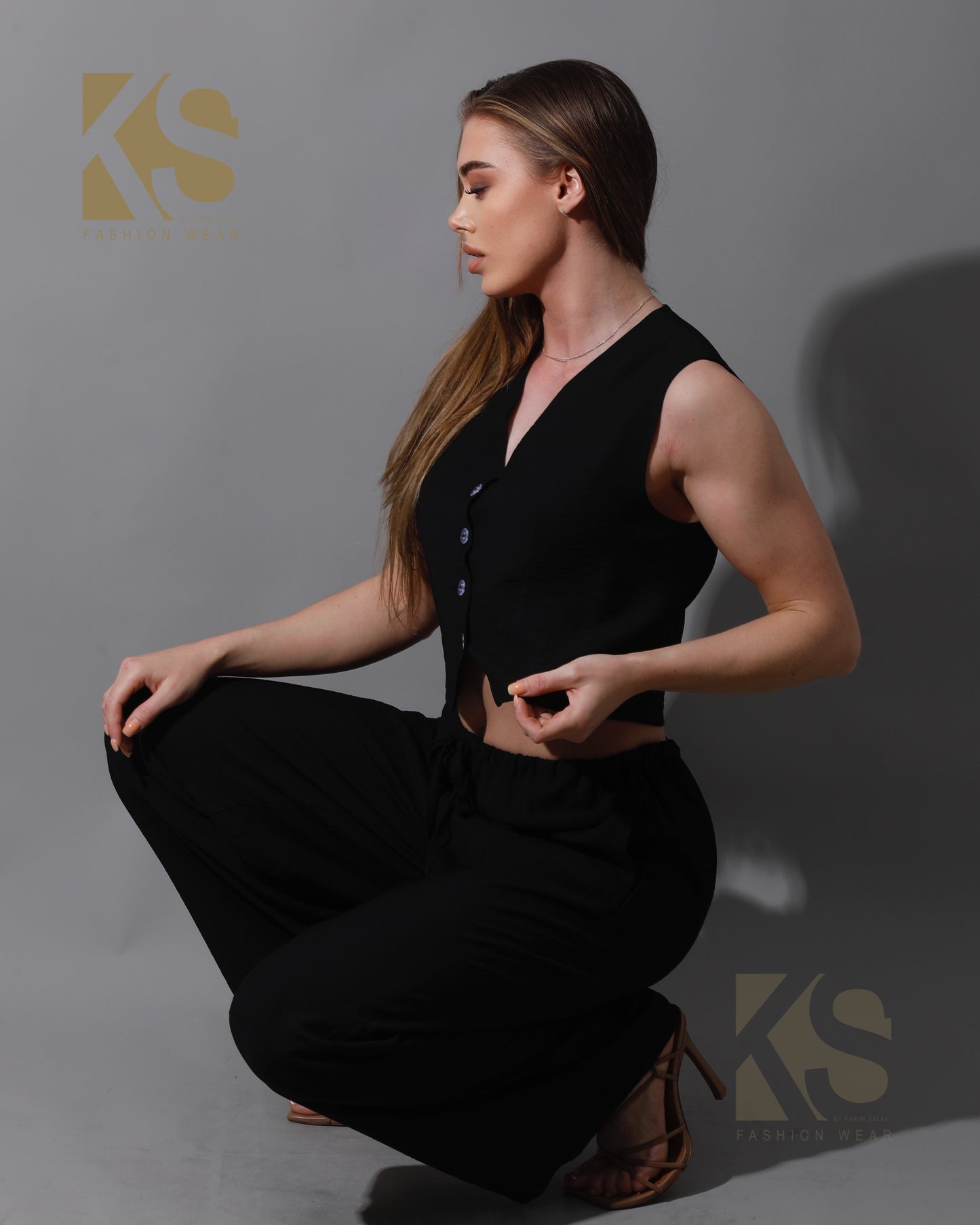 Cropped Vest Set - Black