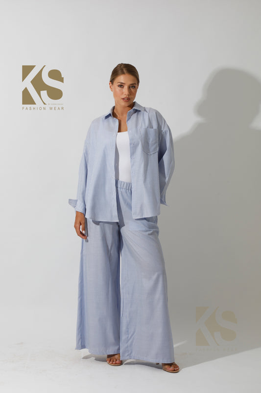 Co-Ord Wide Leg trousers & Lose Shirt Striped - Striped Blue