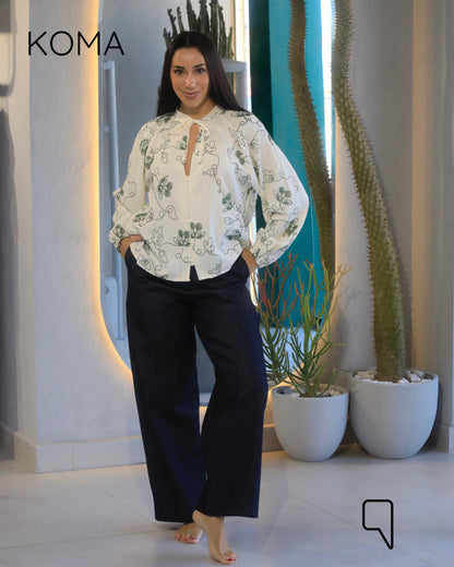 Elsie Rustic Textured Embroidered Blouse - Olive