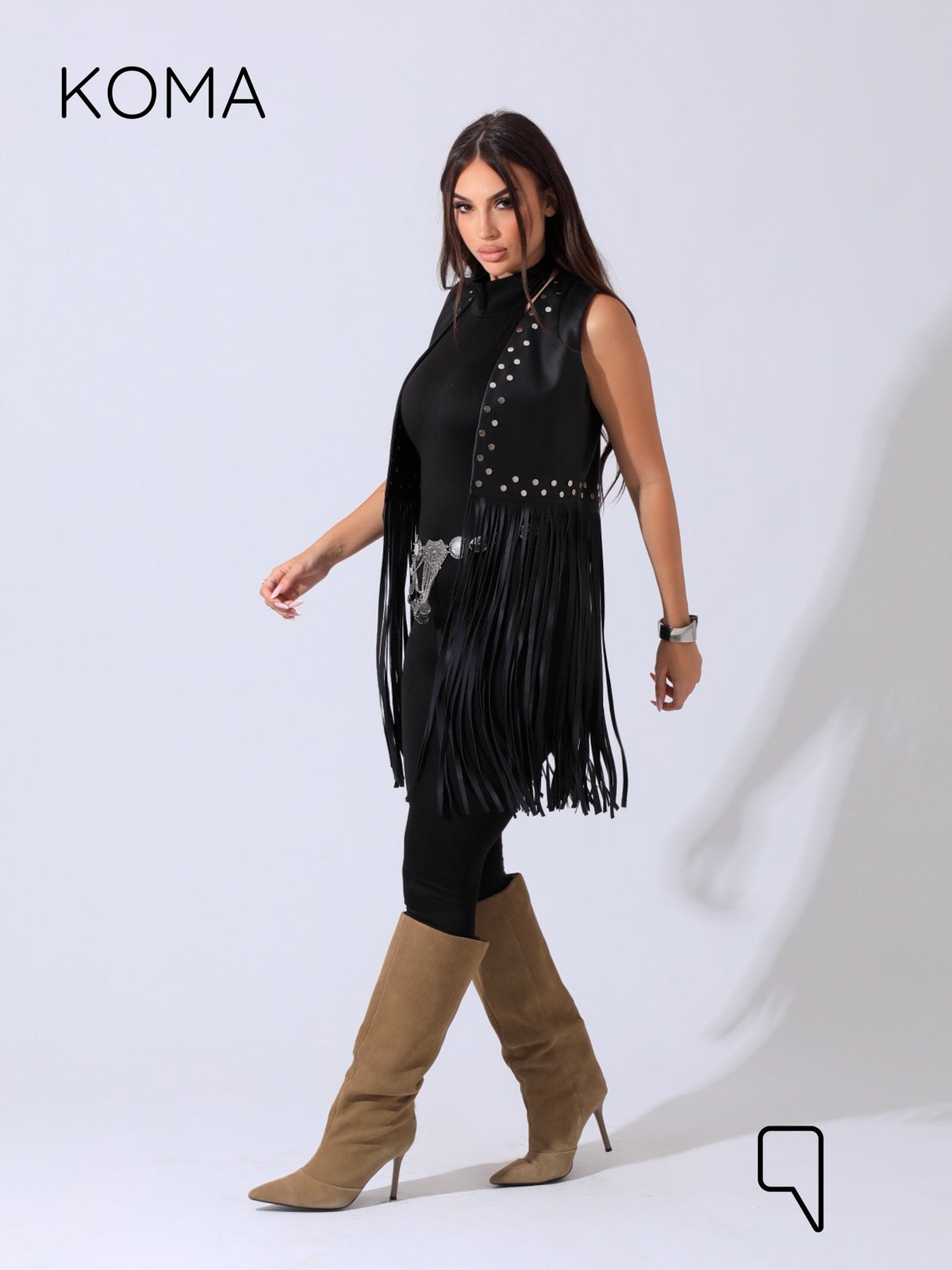 Nicci Leather Fringed Vest - Black