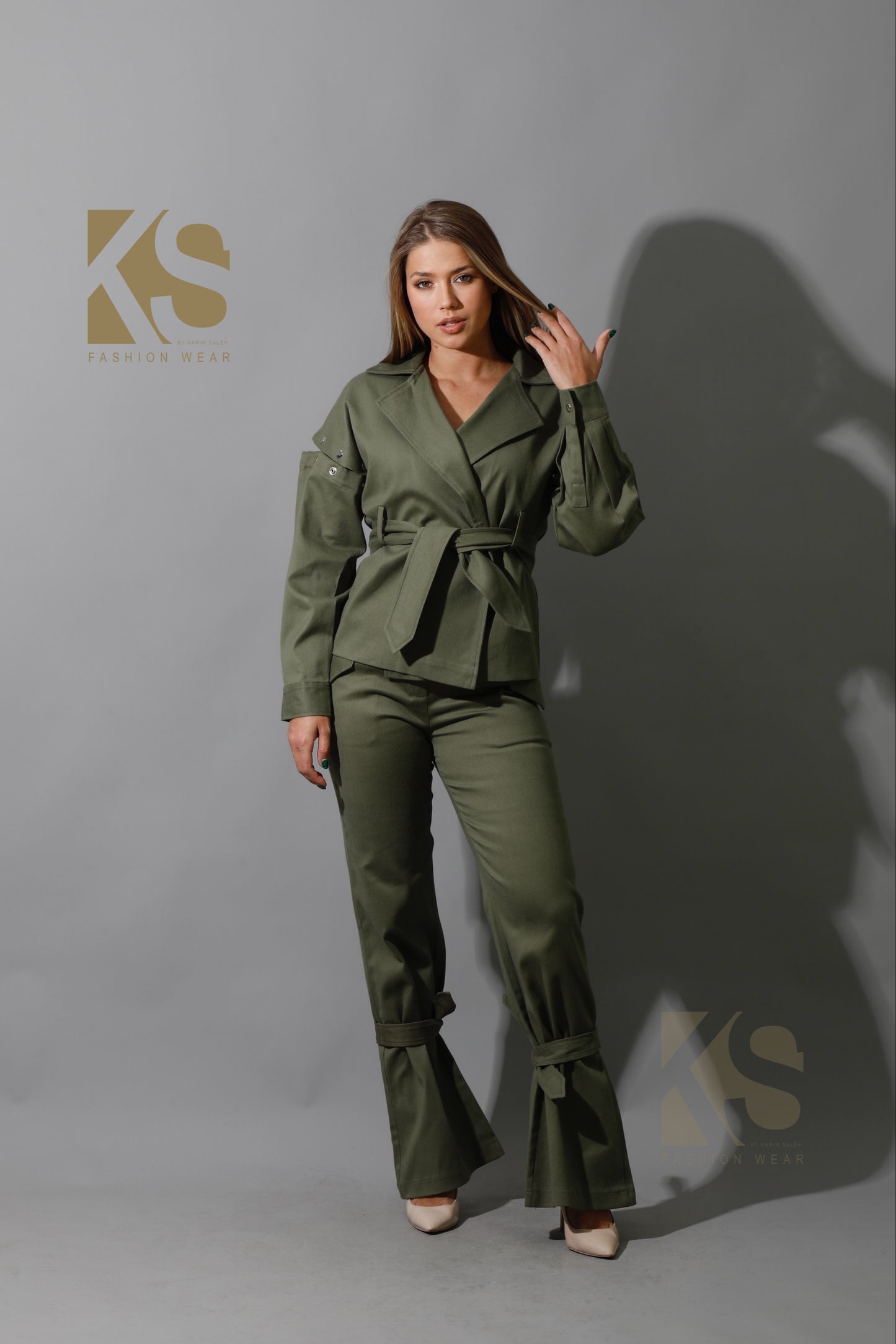 Co-Ord Detached Sleeves Jacket &  Tied BootCut pants - Olive