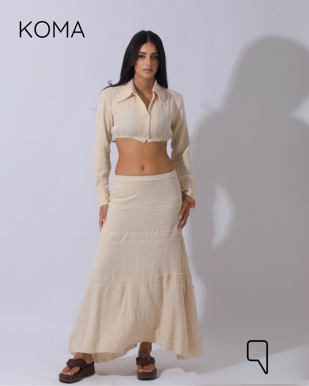 Greta Crincle Cropped Shirt & Skirt Set - Beige