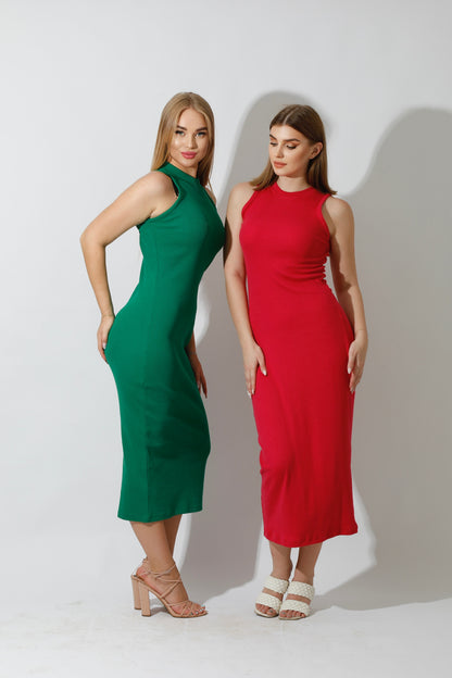 Slinky High Neck Midi Sleeveless Dress - Green