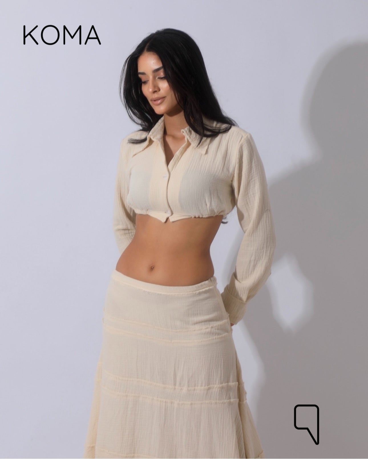 Greta Crincle Cropped Shirt & Skirt Set - Beige