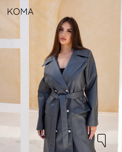 Textured Leather Coat - Gray