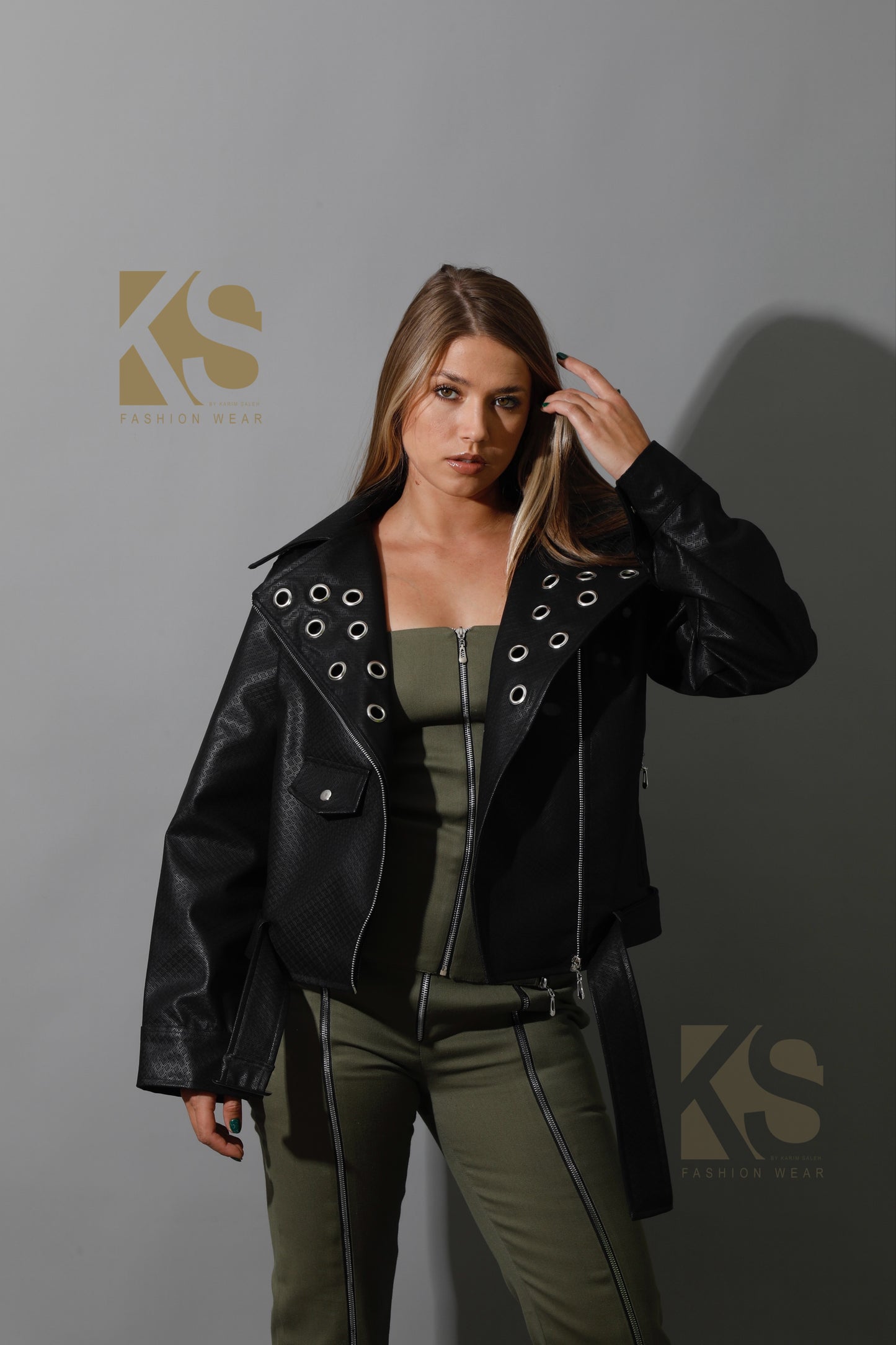 Textured Leather Biker Jacket - Black