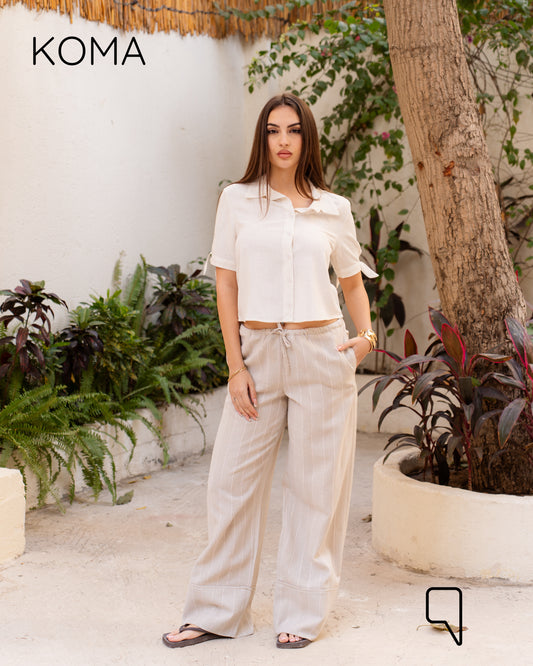 Beccy Stripped 100% Linen Palazzo Trousers - Beige