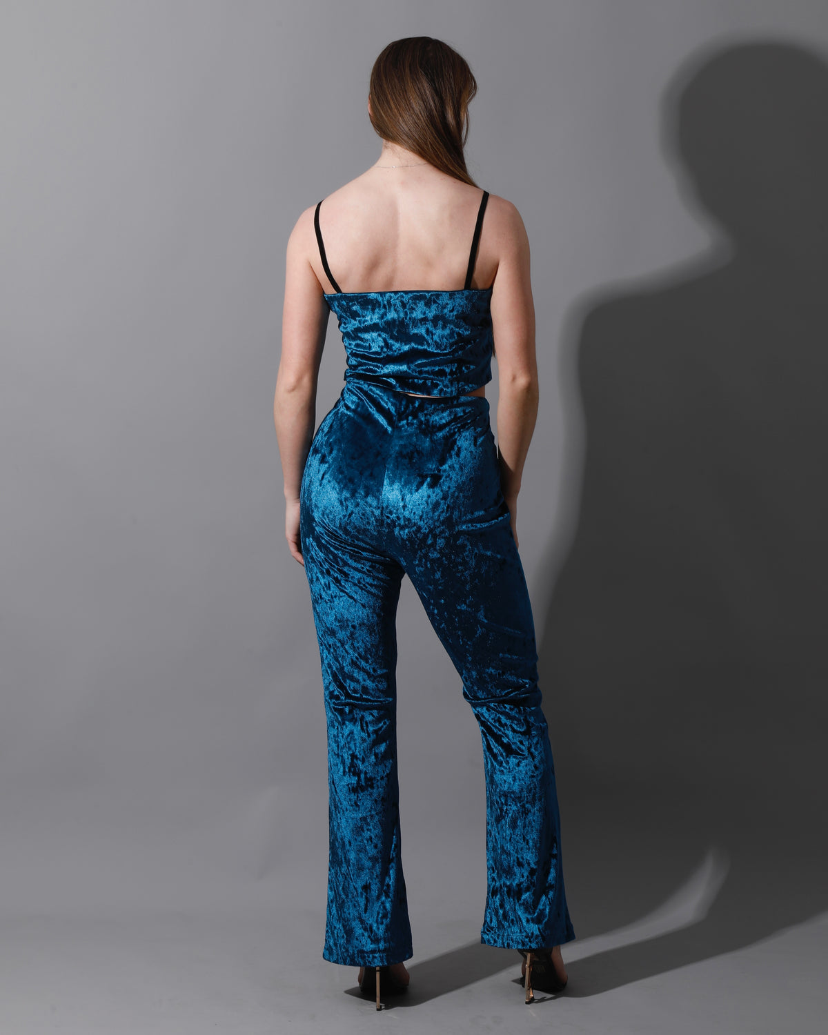 Velvet Crop Top & Bootcut Trousers Set - Petrol