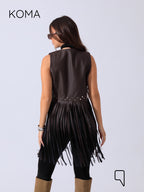 Nicci Leather Fringed Vest - Brown