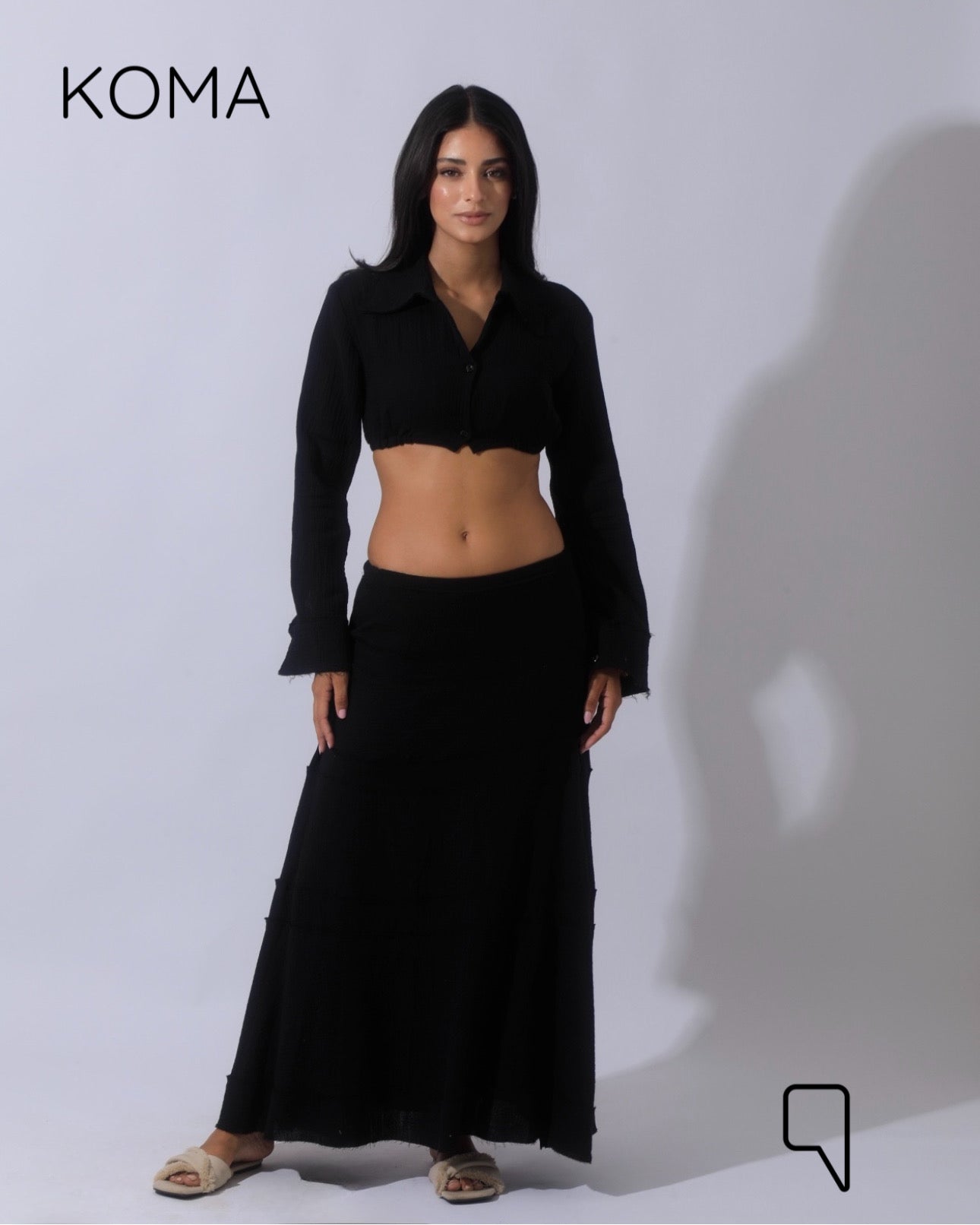 Greta Crincle Cropped Shirt & Skirt Set - Black