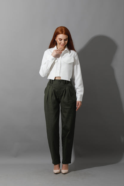 High Rise Paper-Bag Pants - Olive