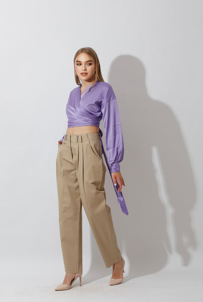High Rise Paper-Bag Pants - Beige