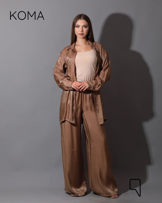 Shemer Long Shirt & Wide Leg Trousers Set - Camel