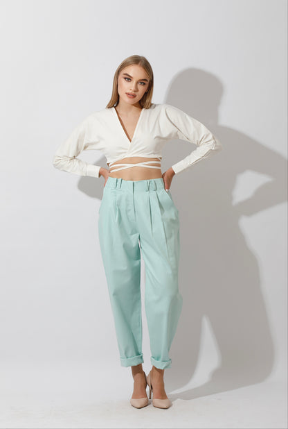 High Rise Paper-Bag Pants - Mint
