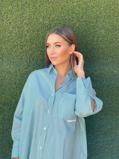 Oversized Striped Shirt Dress - Striped Green