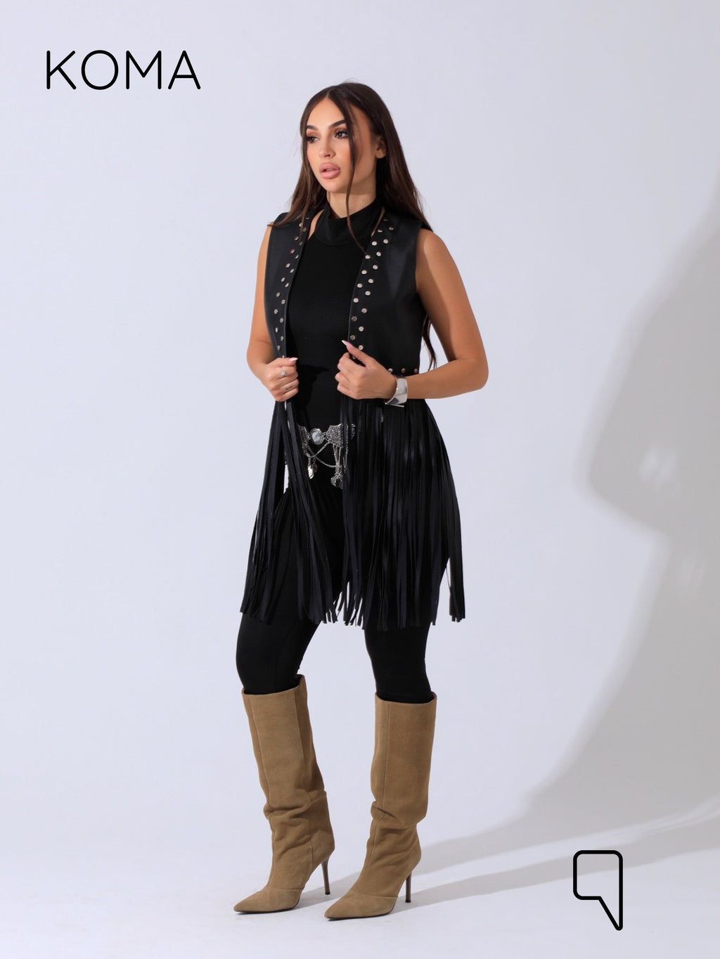 Nicci Leather Fringed Vest - Black