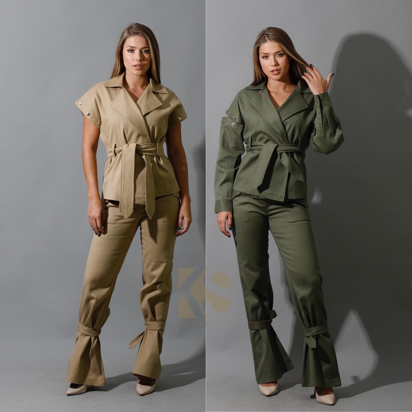 Co-Ord Detached Sleeves Jacket &  Tied BootCut pants - Olive