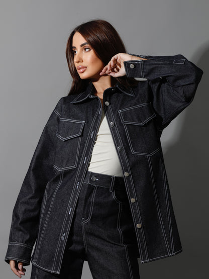 Co-Ord Jeans Cutout Shirt & Cutout Pants - Navy Blue