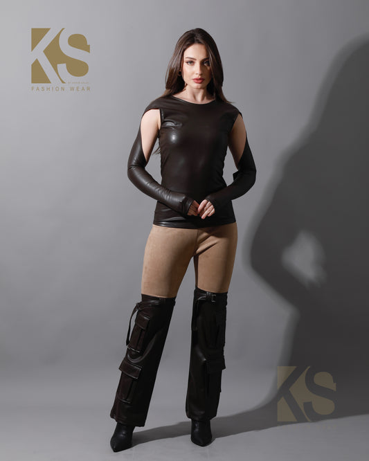 Leather Cutout Top - Brown