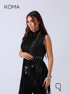 Nicci Leather Fringed Vest - Black