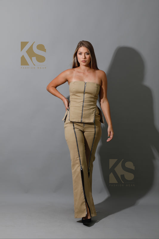 Co-Ord Some Protel Top &  BootCut pants - Beige