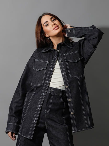 Co-Ord Jeans Cutout Shirt & Cutout Pants - Navy Blue