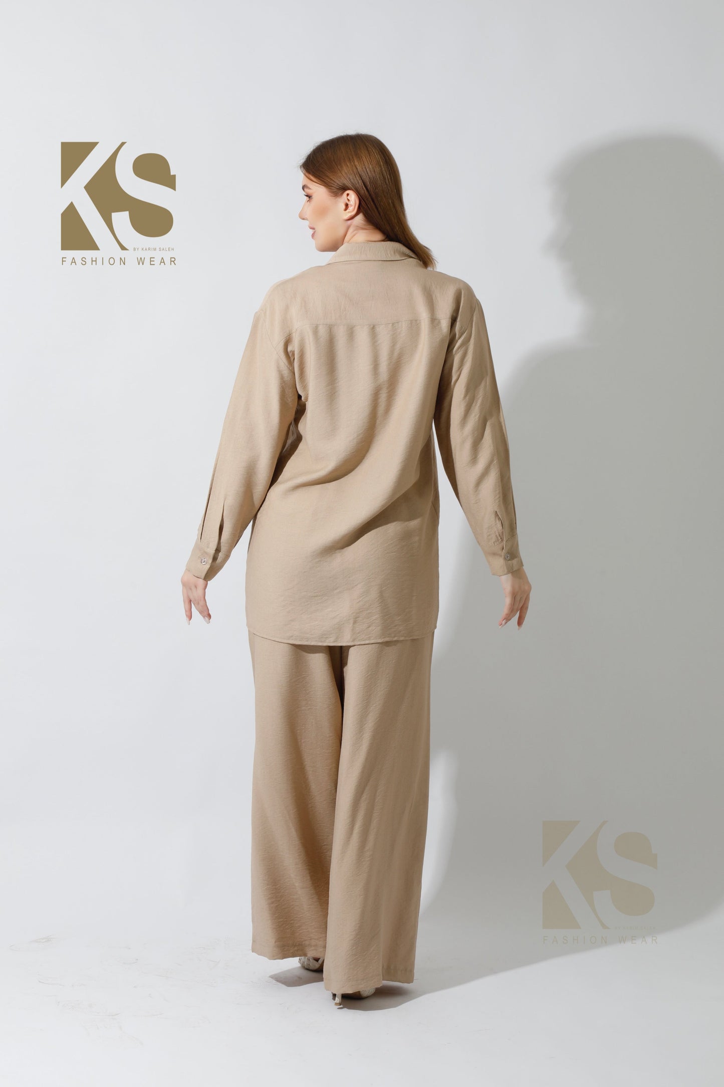 Wide Leg Trousers Set - Beige