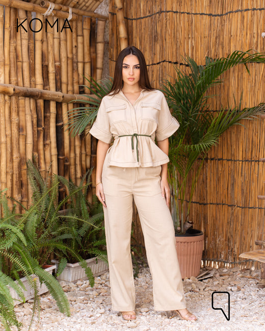 Leilani Stitched Shirt & Straight Trousers Set - Beige