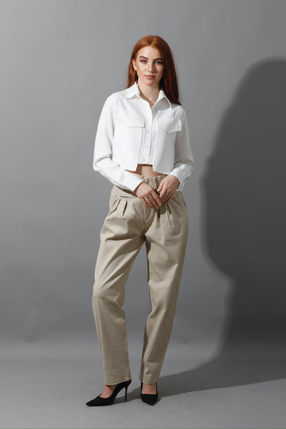 High Rise Paper-Bag Pants - Light Beige