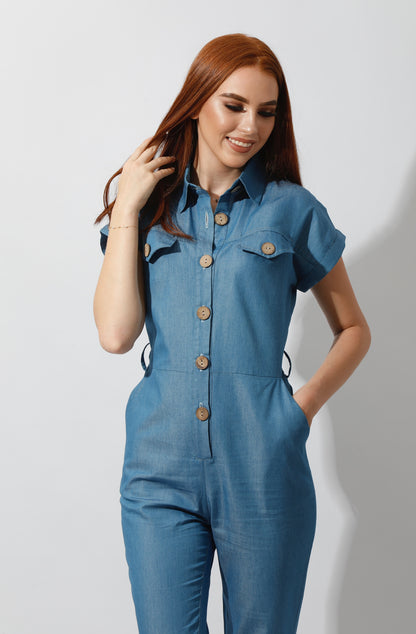 Buttons Jeans Jumpsuit - Blue