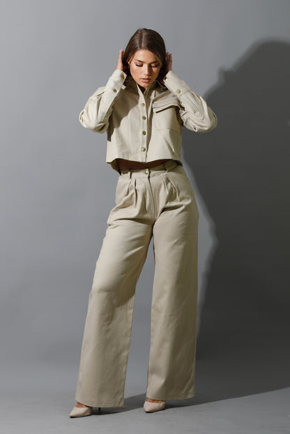 Co-ord Pleated Wide Leg Pants - Beige