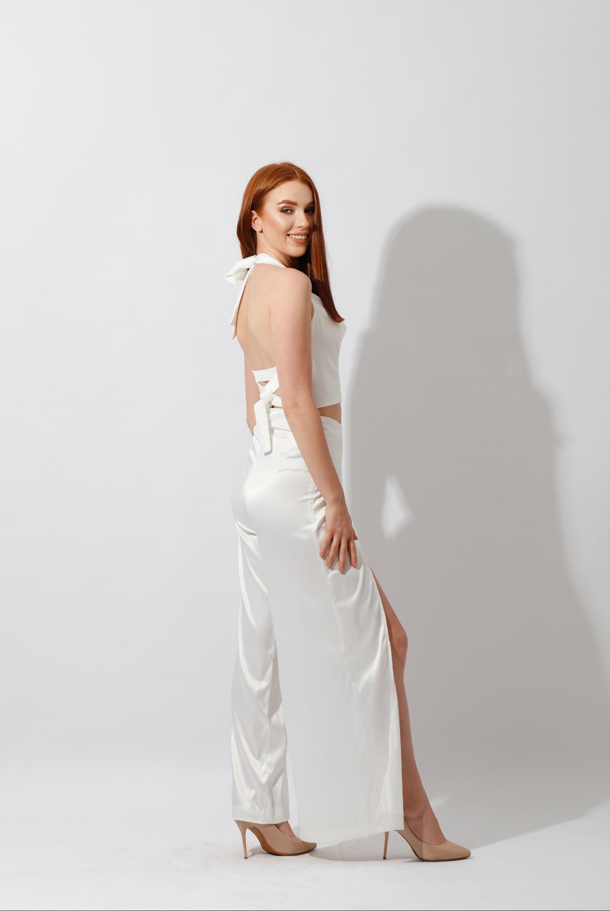 Satin Wrap Pants With Front Slit - White