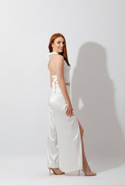 Satin Wrap Pants With Front Slit - White