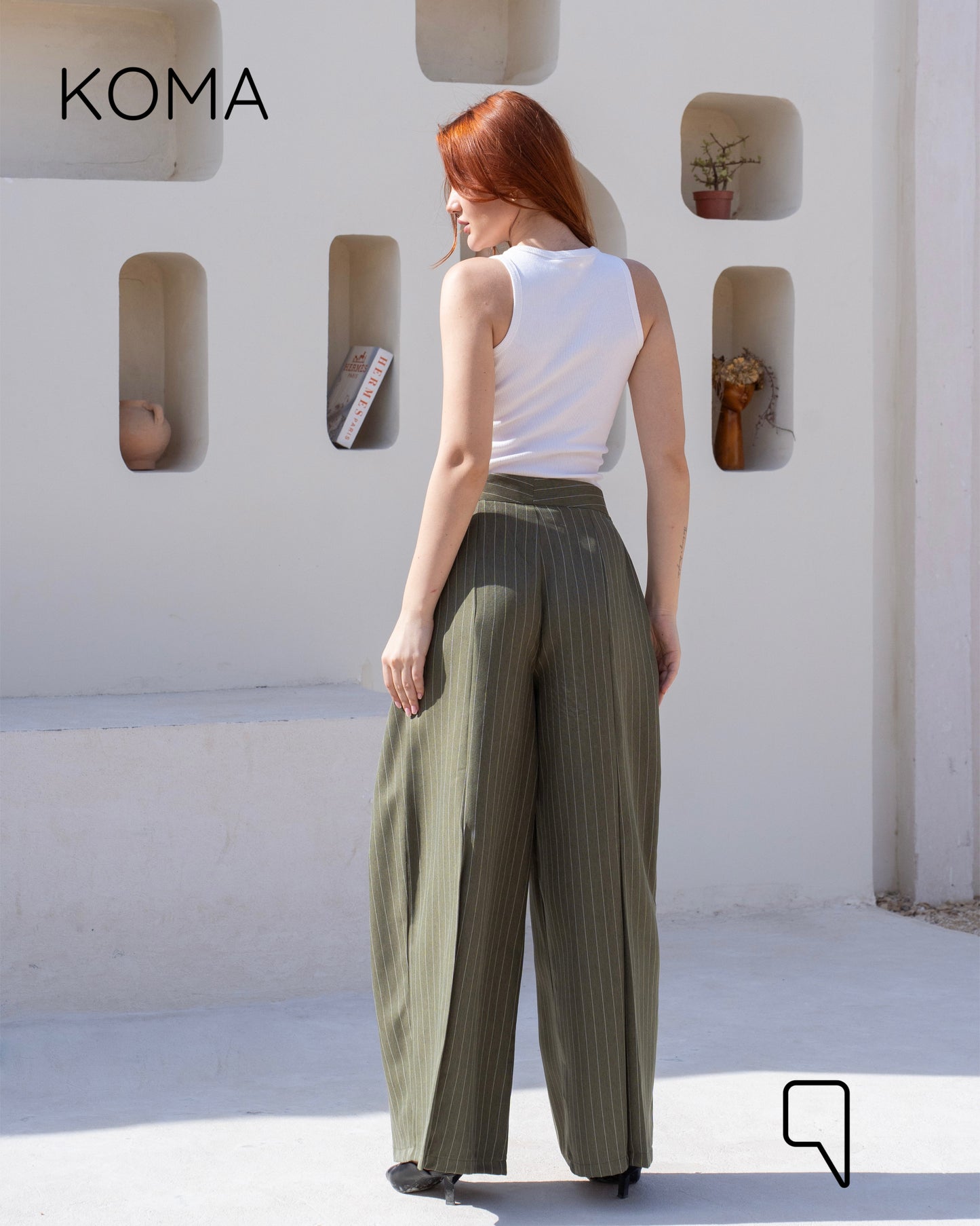 Stripped Double Pleated Trousers - Olive