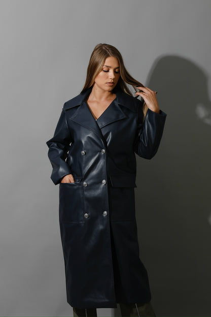 Textured Leather Coat - Navy