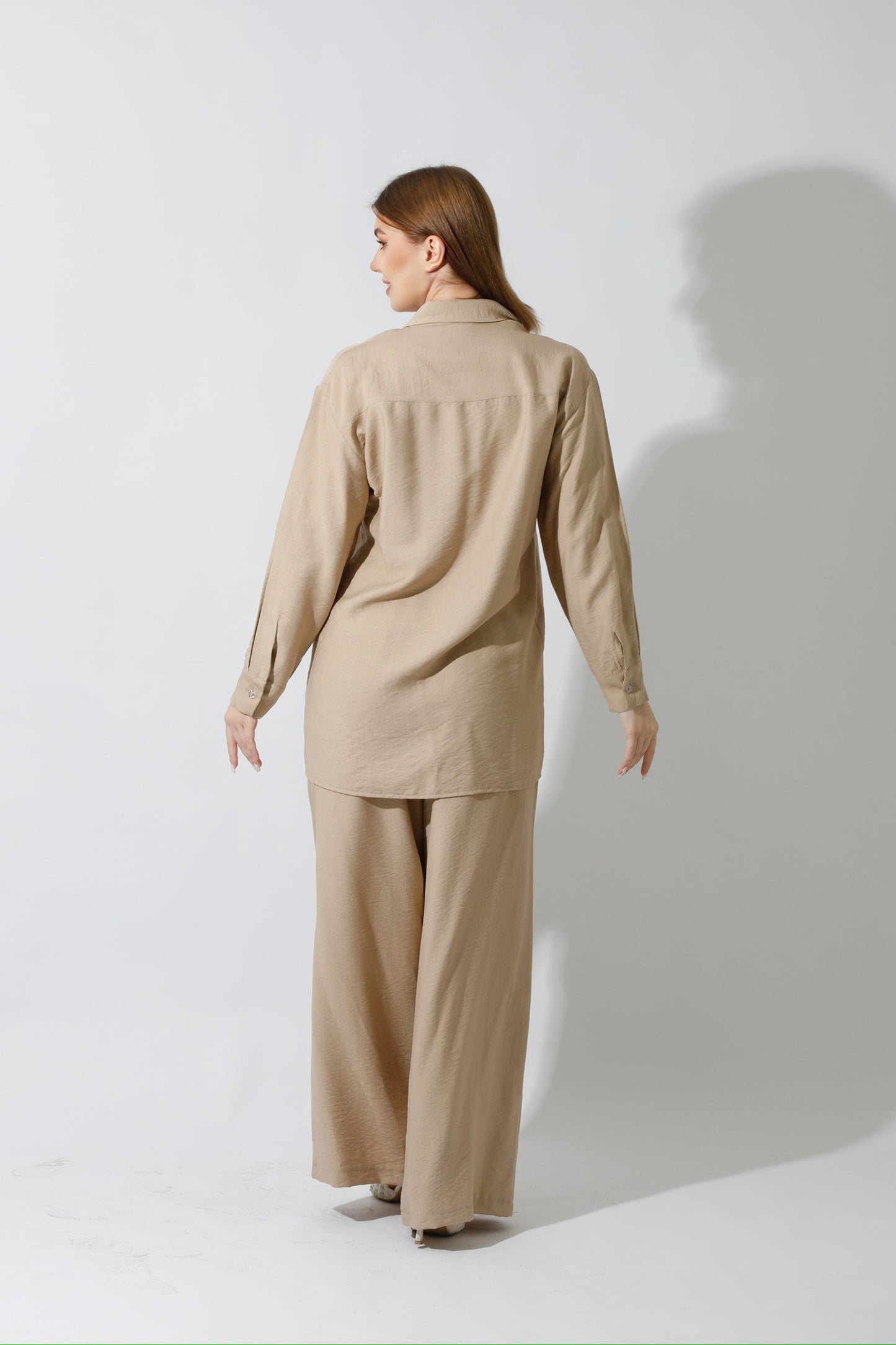 Co-Ord Long Sleeve Shirt & Wide Leg Trousers - Beige