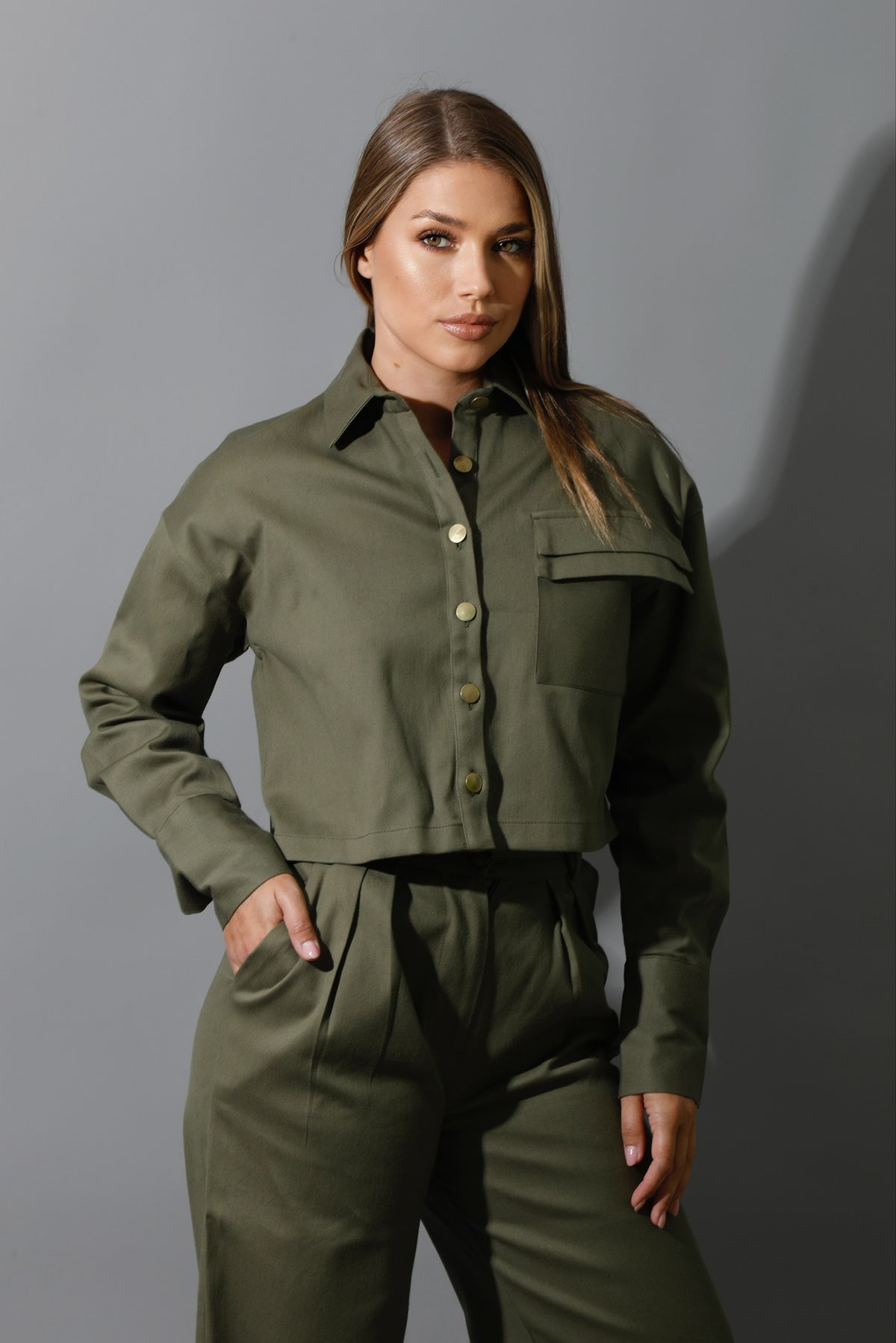 Co-ord Cropped Shirt - Olive