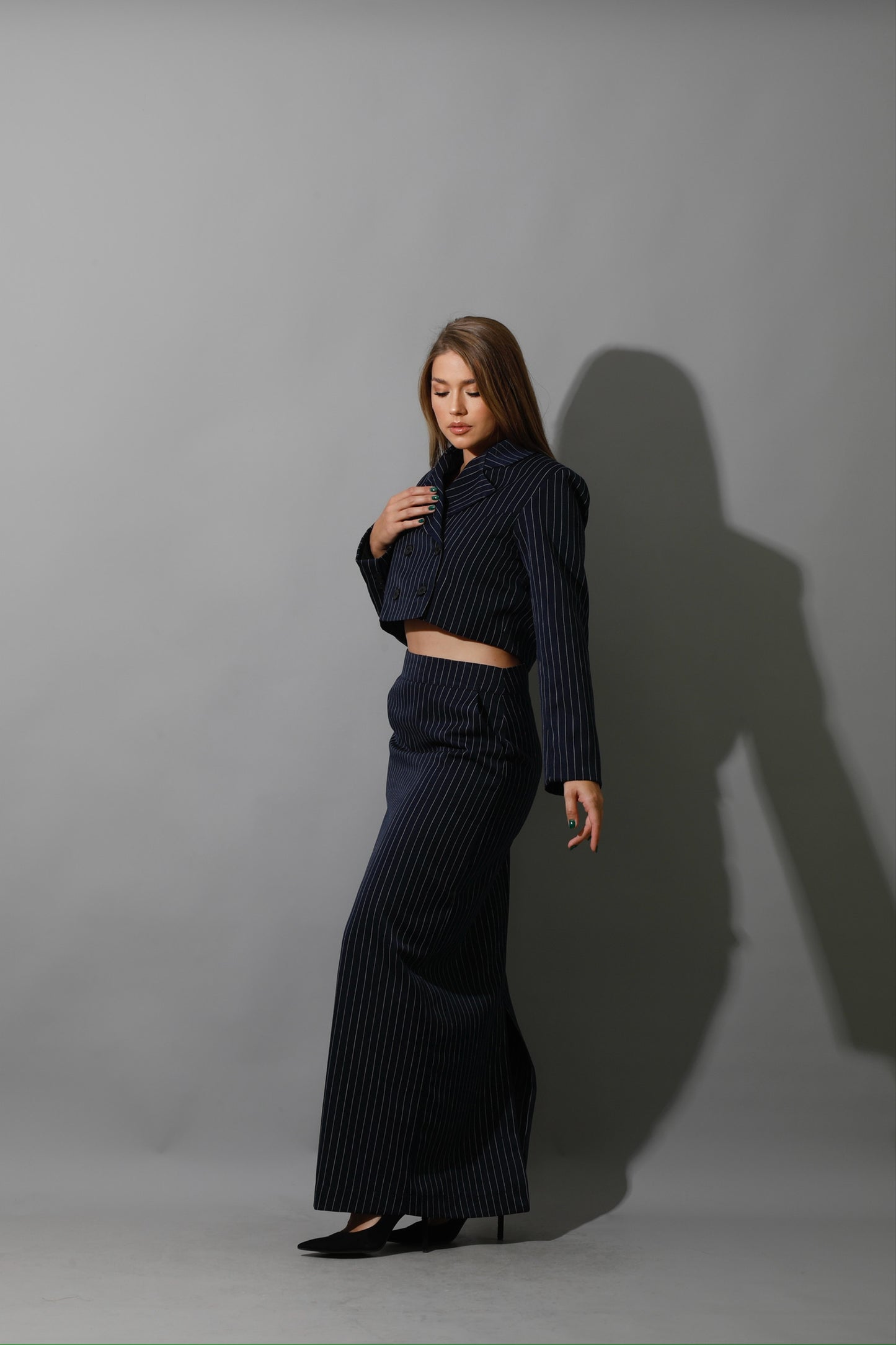 Striped Cropped Blazer, Bra Top & Maxi Skirt Co-Ord - Navy