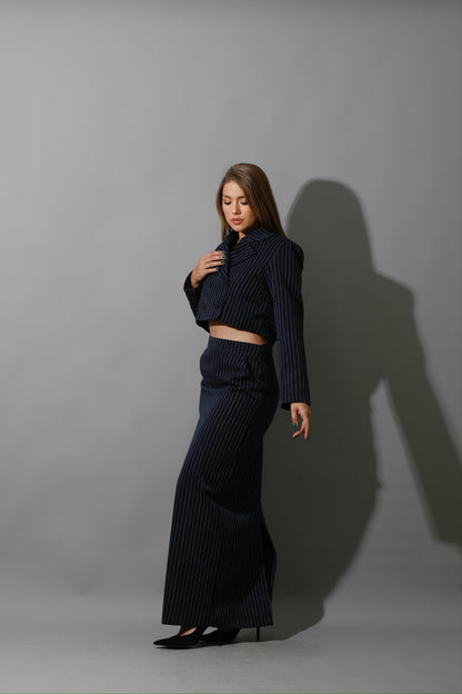 Striped Cropped Blazer Co-Ord - Navy