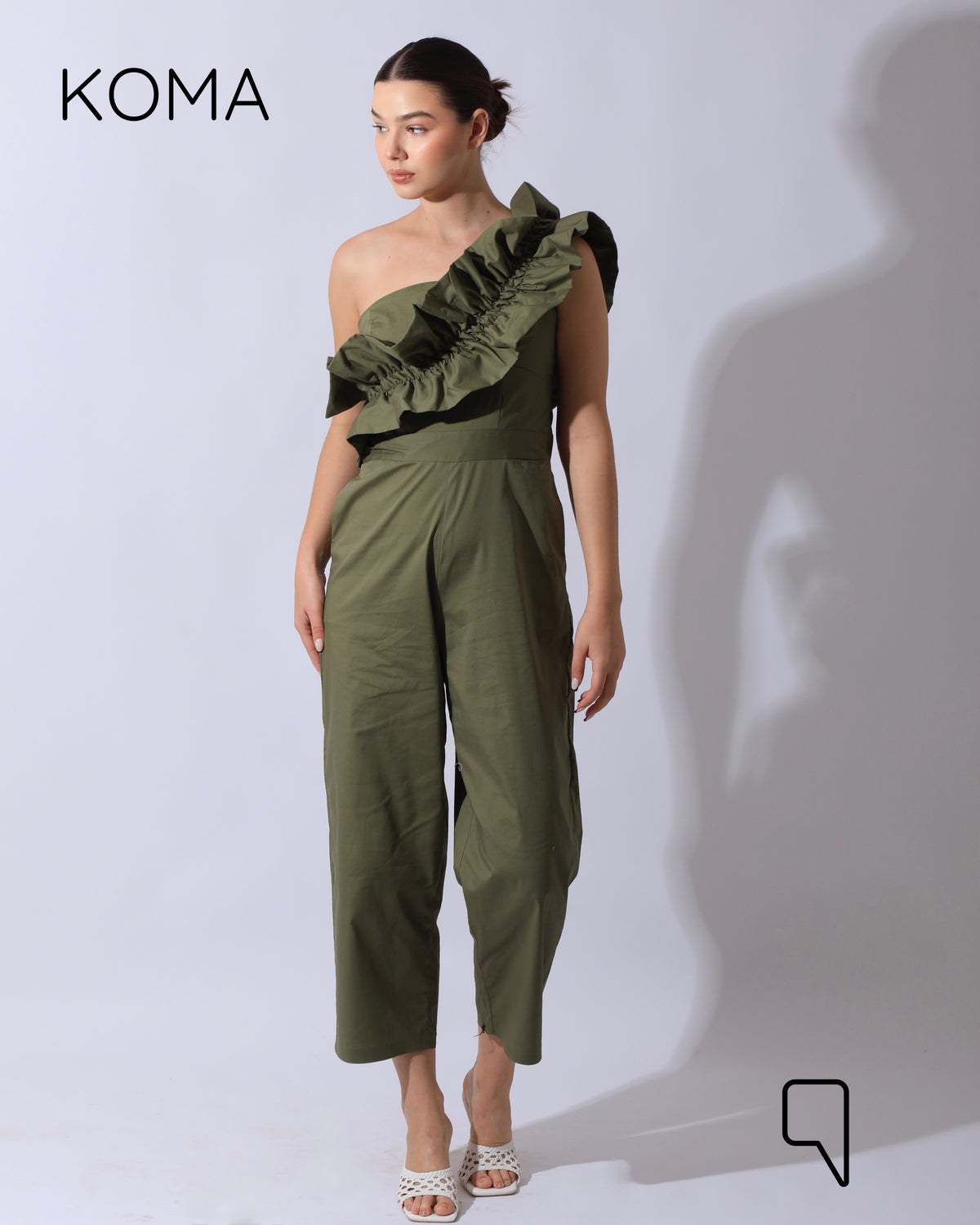 Marta Asymmetric Ruffle Jumpsuit - Olive