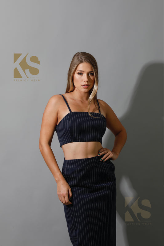 Striped Bra Top Co-Ord - Navy