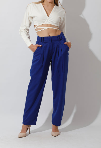 High Rise Paper-Bag Pants - Electric Blue